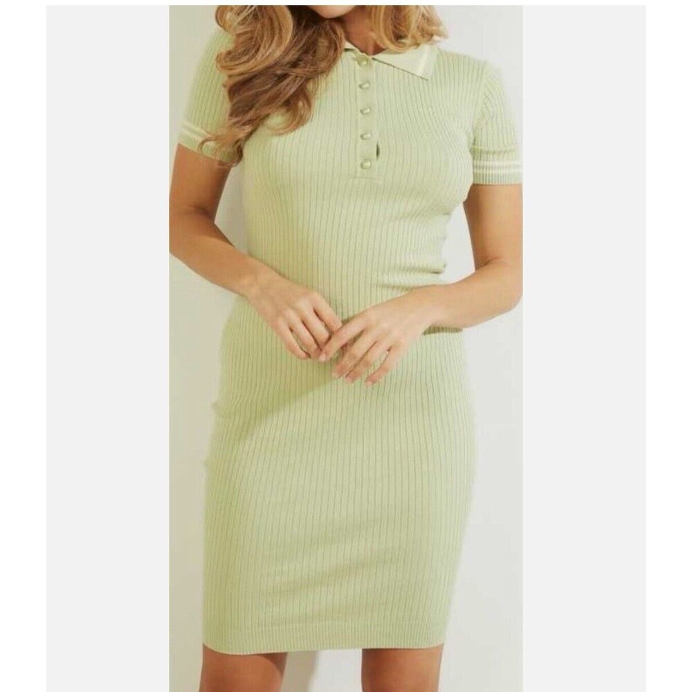 GUESS Women's Adelaide Ribbed Polo Dress Green Size S